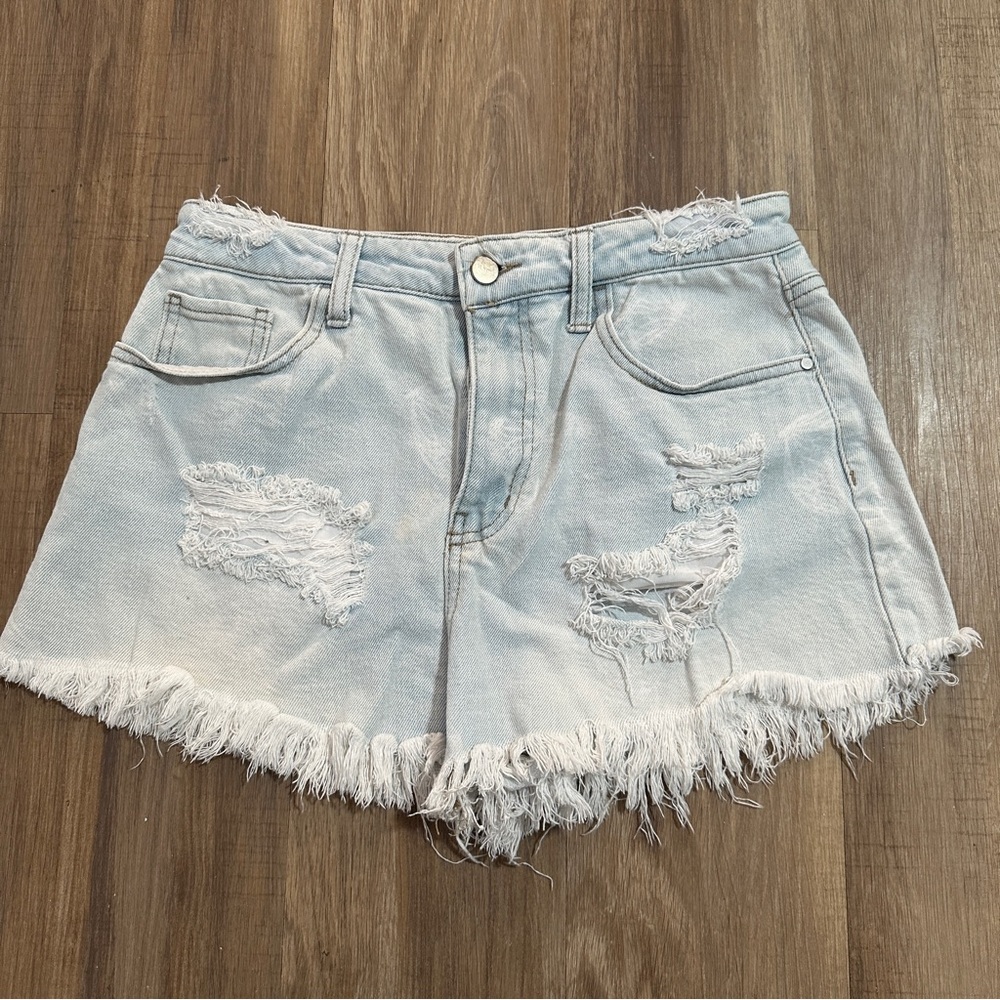 High Waist Raw Hem Denim Shorts - large